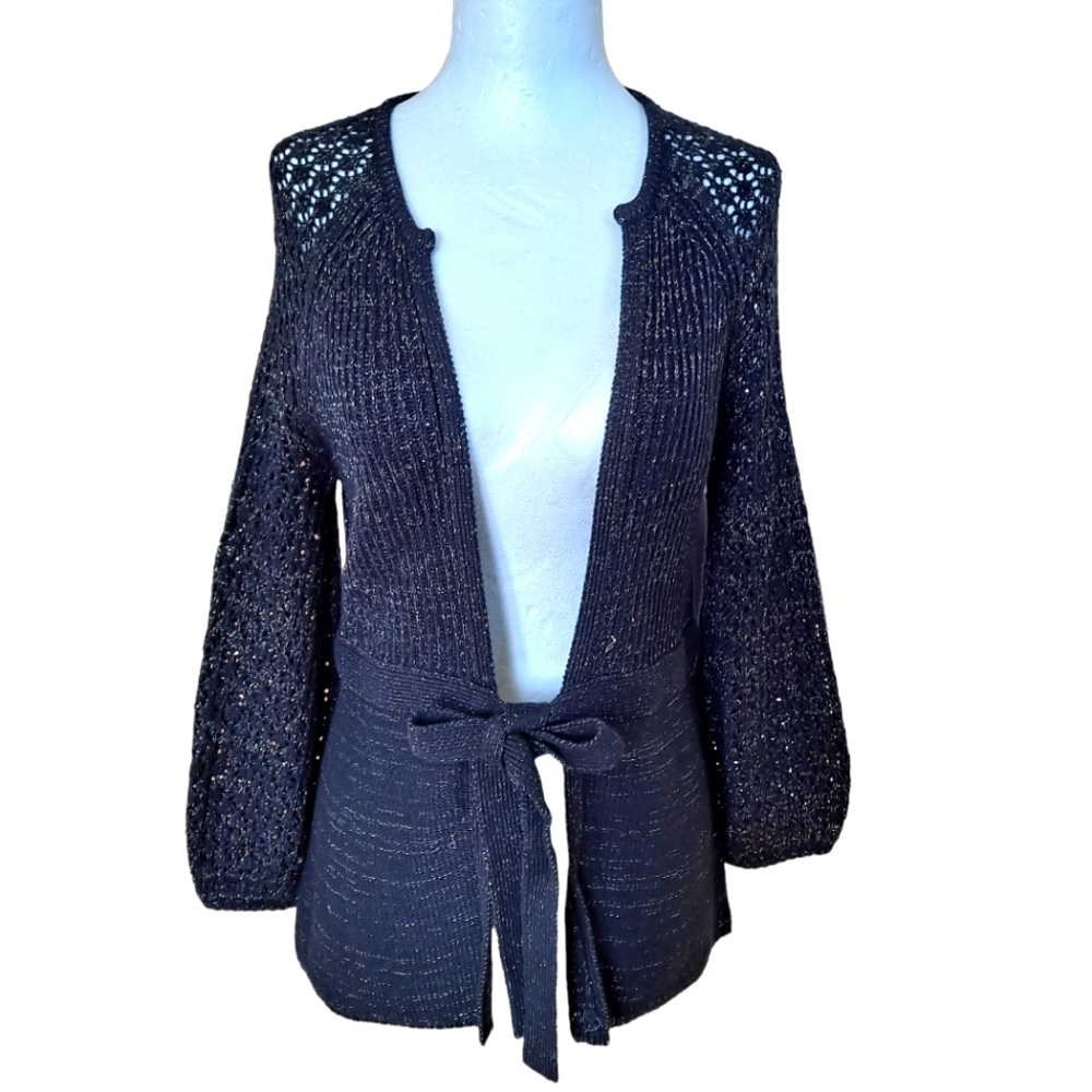 TAHARI Black and Gold Open Crochet Knit Boho Tie Front Cardigan Sweater szS